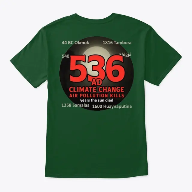 536 AD design printed large on the back of a forest green T-shirt