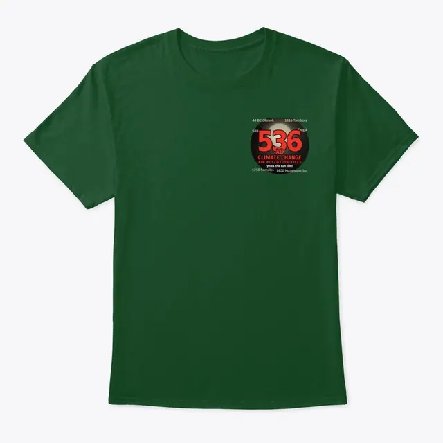 Front of the forest green 536 AD T-shirt with a small chest print