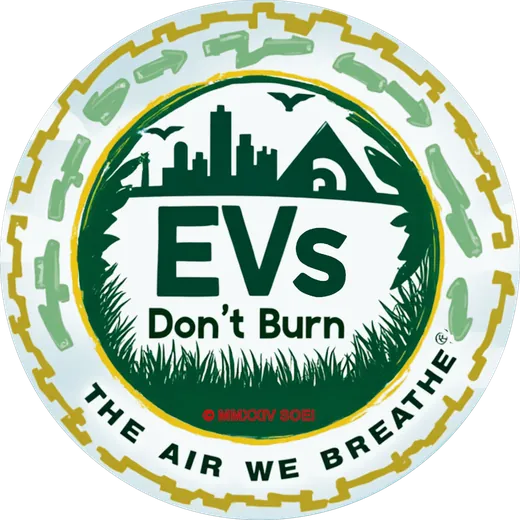 EVs Don't Burn The Air We Breathe round badge: a city skyline and grass inside a green circle ringed with arrows