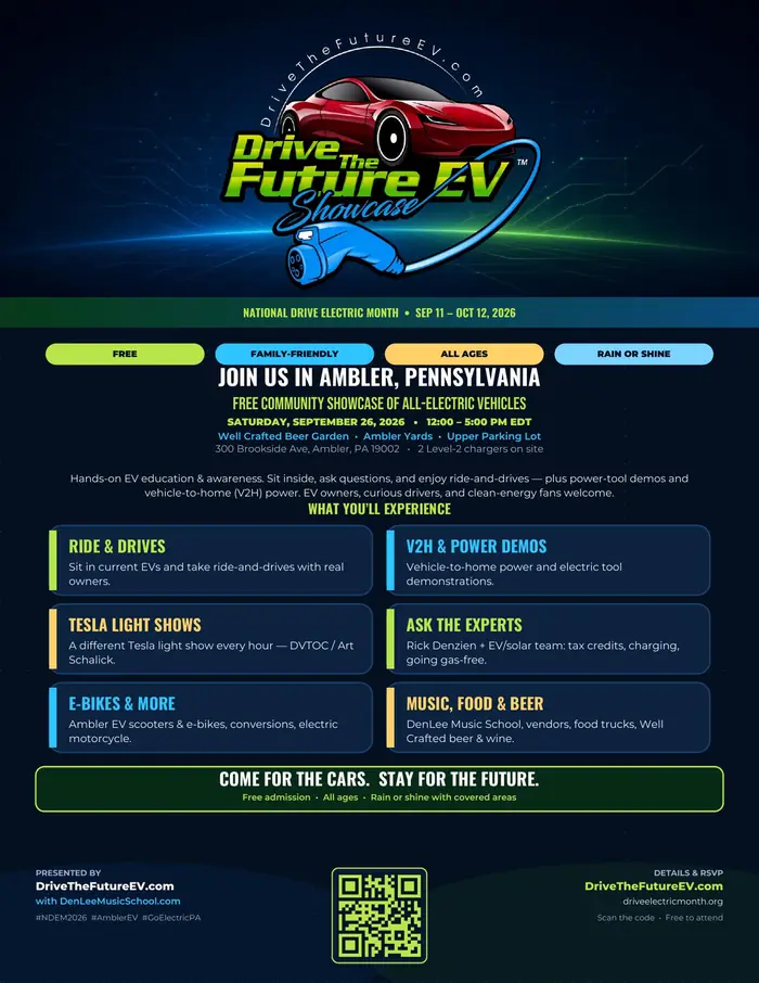 Event poster: National Drive Electric Month EV show, Ambler, PA