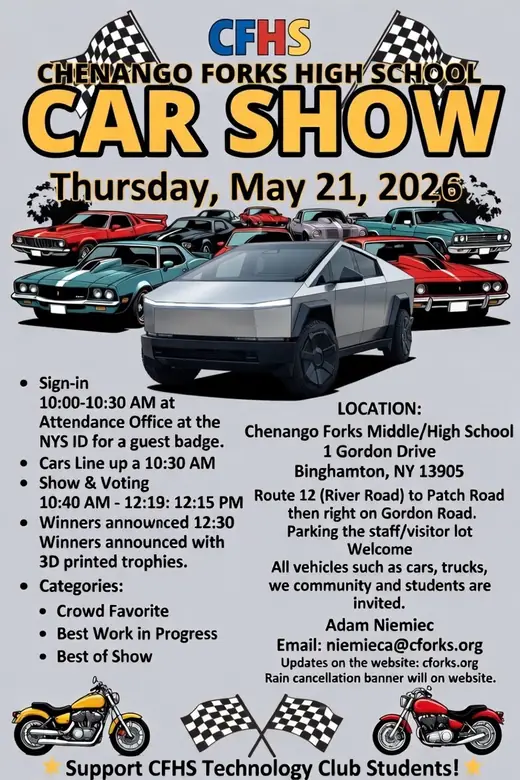 Event poster: Student Technology Club car show, Chenango Forks, NY